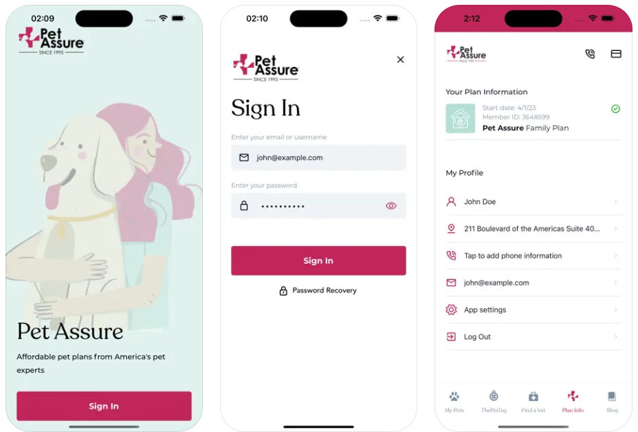 Pet Assure mobile app screenshots