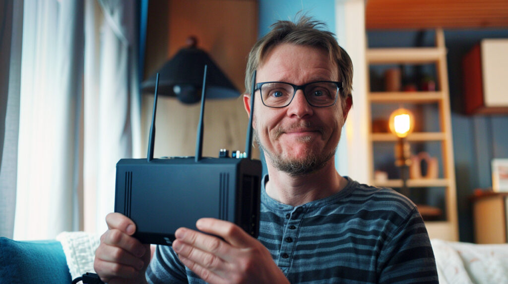 image of a man holding an internet router