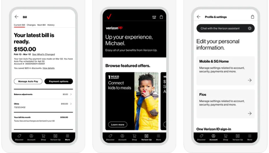 screenshots of the MyVerizon app