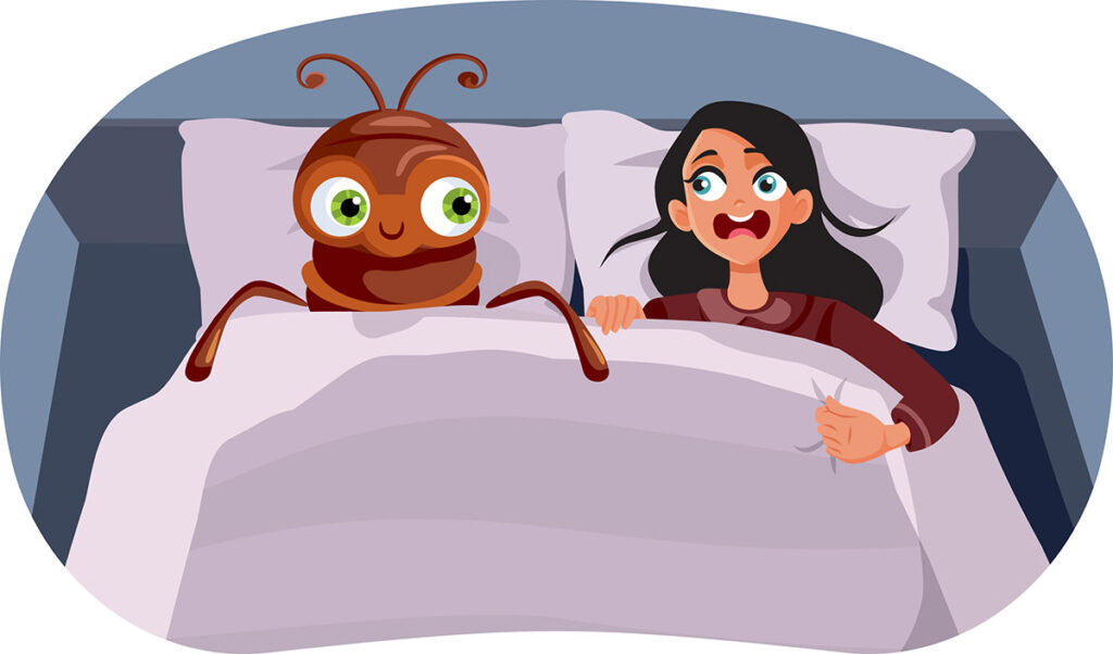 comical illustration of a bed bug in bed with a scared woman