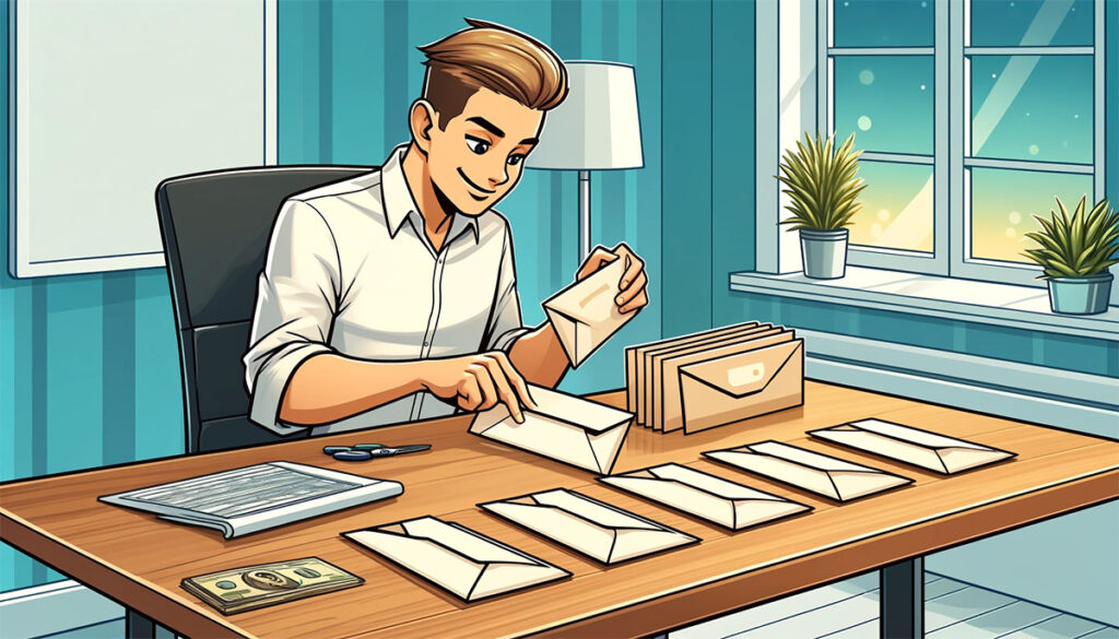 cartoon image of a man using the envelope budgeting system