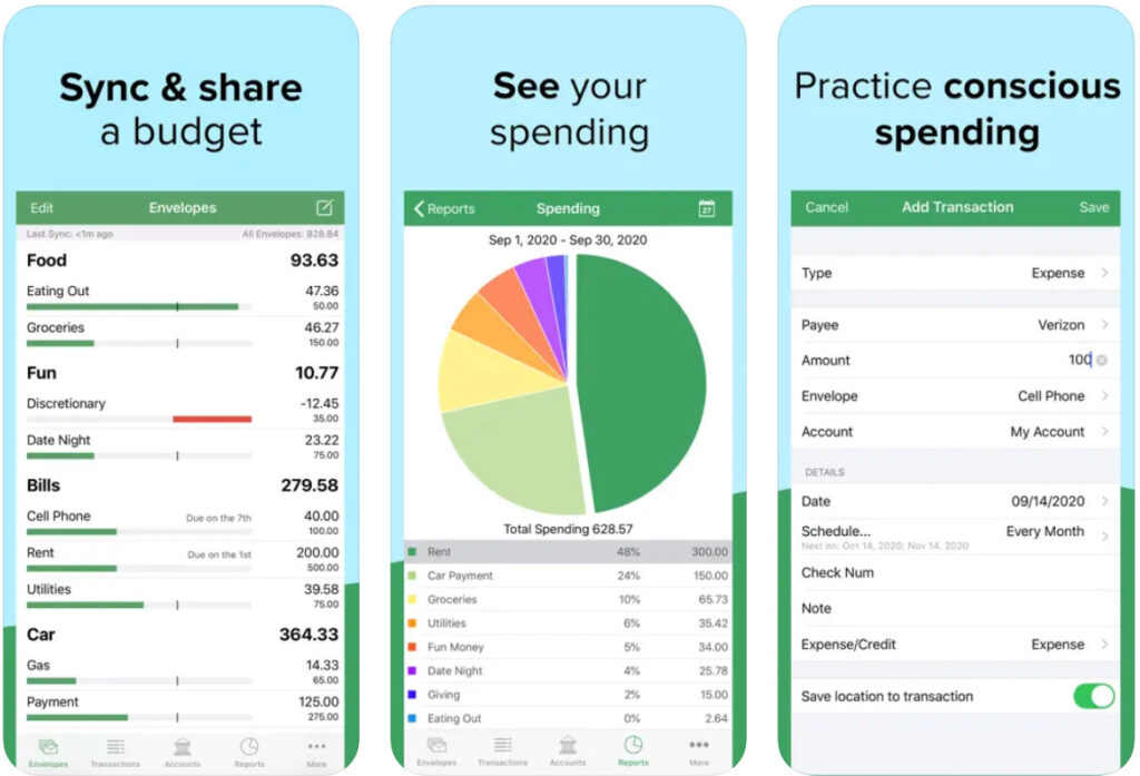 screenshots from the Goodbudget app