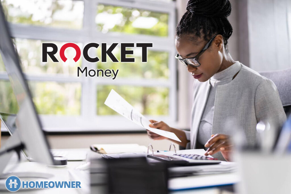 a promotional image for Rocket Money showing a woman using the app