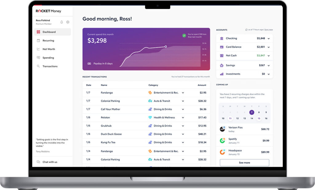 image of the Rocket Money dashboard showing spending by category