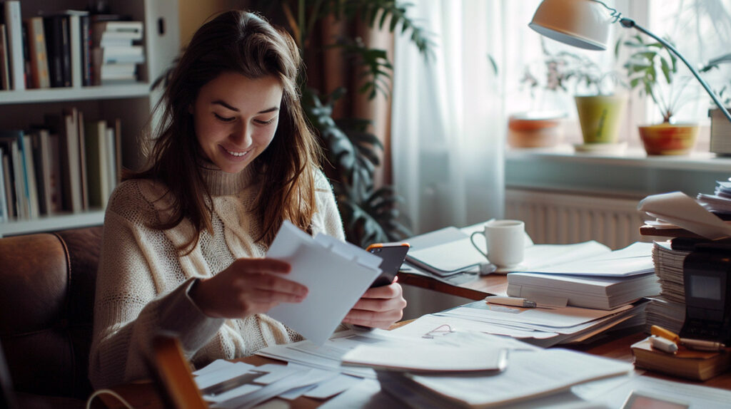 photo of a woman using the Rocket Money app and smiling