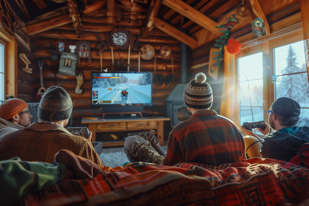 photo of a group of friends playing video games in a remote log cabin