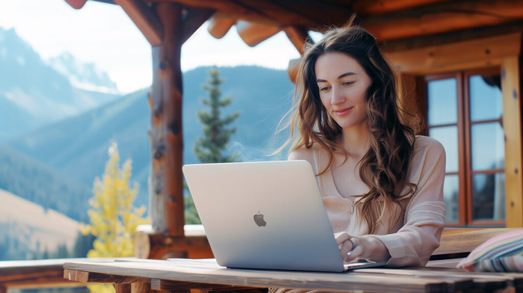 photo of a woman in the mountains using a laptop and Starlink internet