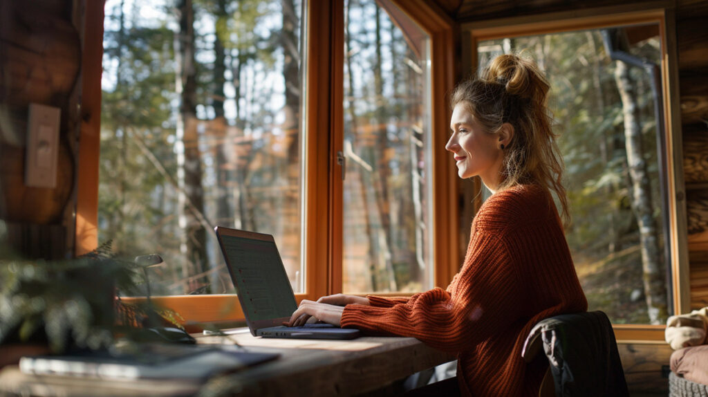 image of a woman using the internet in a remote off-grid cabin thanks to Starlink
