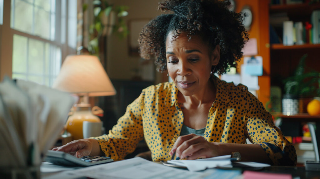 a woman uses a calculator to budget expenses