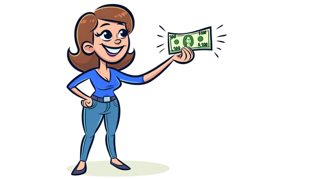 illustration of a woman holding up a $100 bill