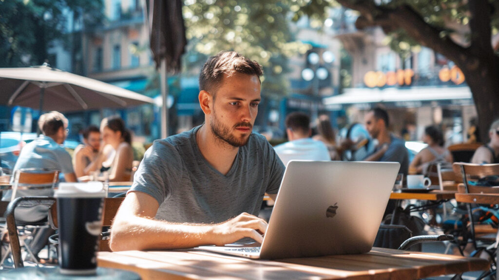 photo of a man sitting outside a coffee shop using a laptop