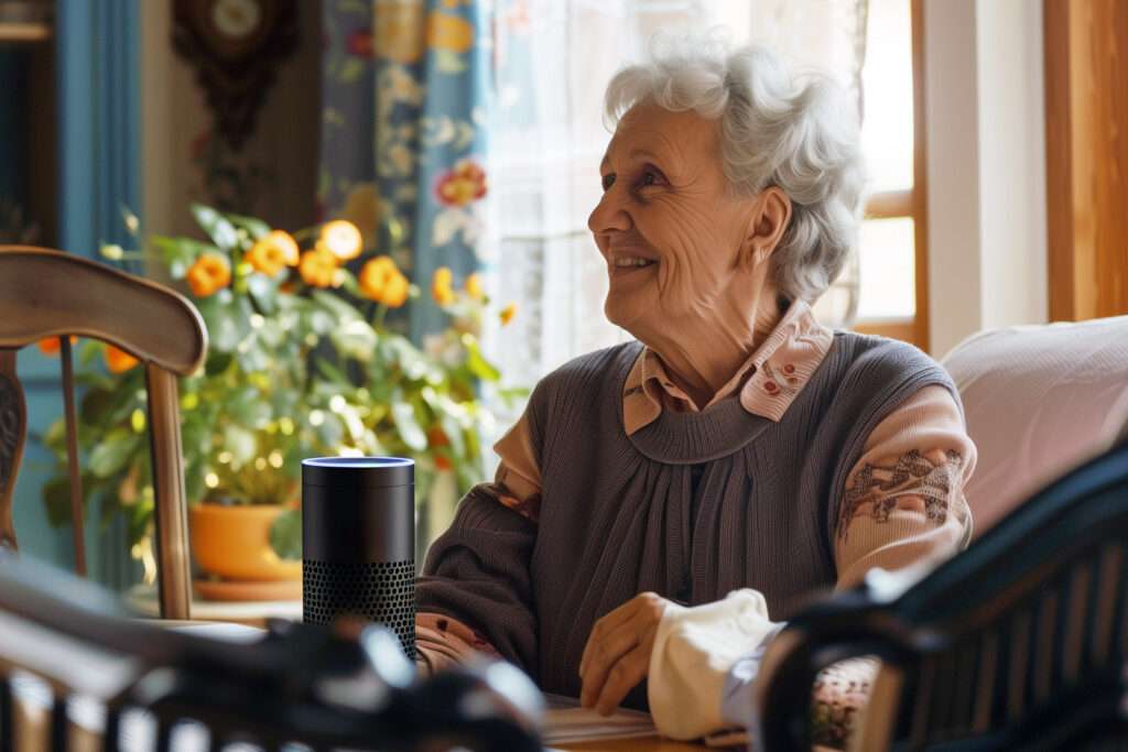 photo of a woman using Alexa Emergency Assist in her home