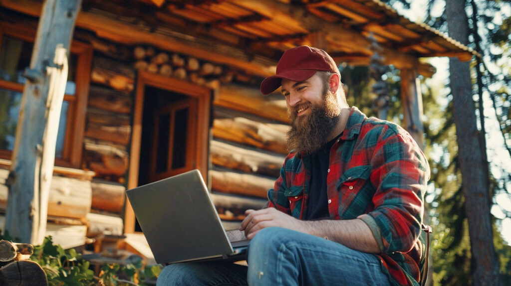 photo of a man using Priority Starlink internet by a cabin