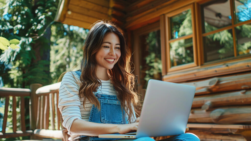 photo of a woman using a laptop at a cabin with Starlink internet