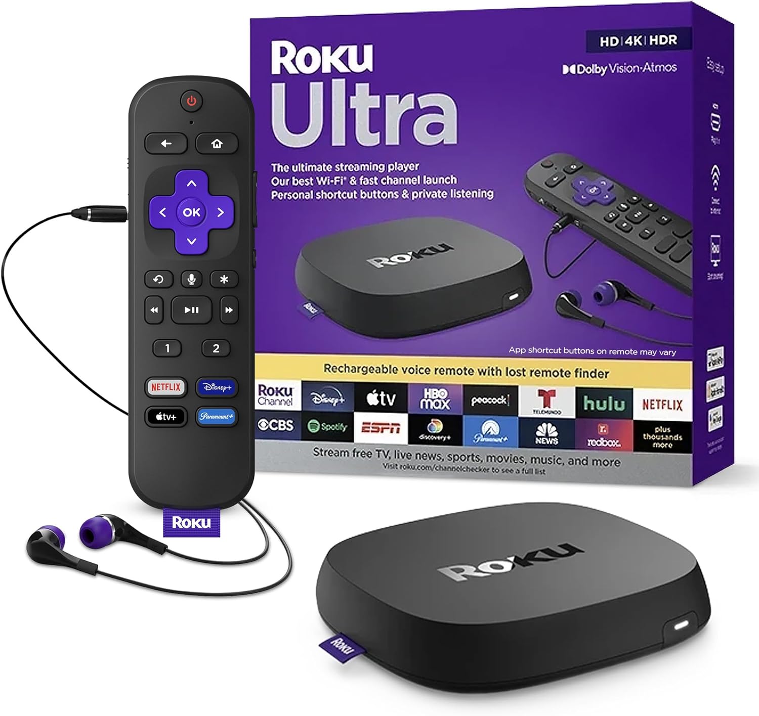 Roku Ultra | The Ultimate Streaming Device 4K/HDR/Dolby Vision/Atmos, Rechargeable Roku Voice Remote Pro
