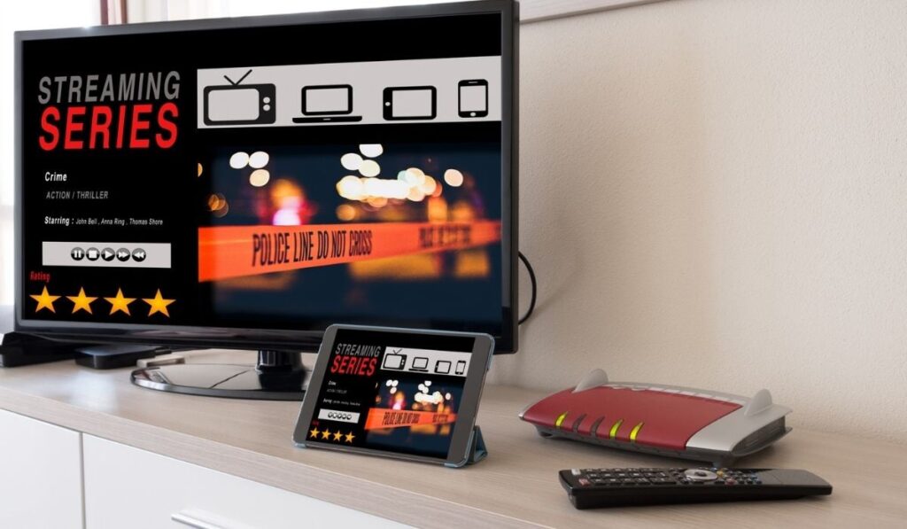Smart tv and digital tablet connected to internet modem